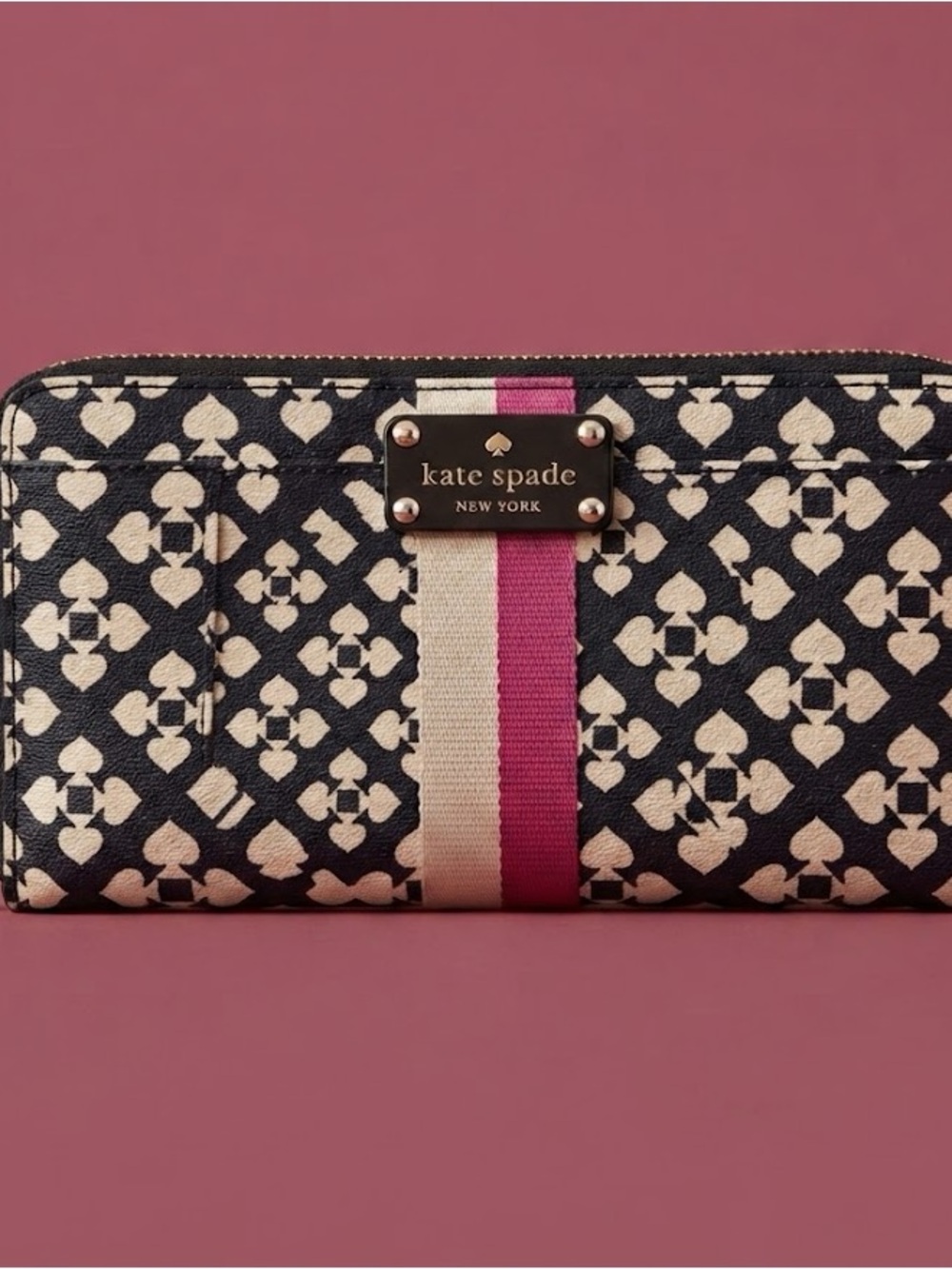 🔥Kate Spade Neda Continental Black+Cream Printed Jaquard Zip Wallet Pink Stripe